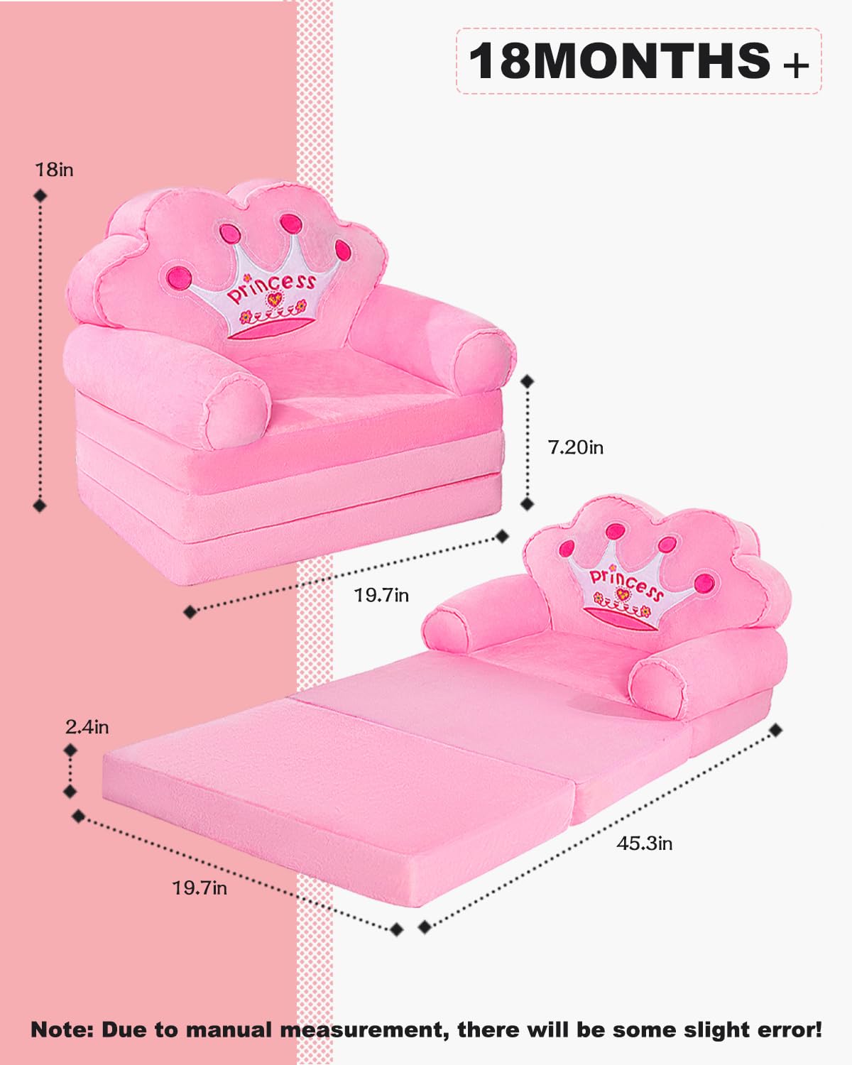 MOONBEEKI kids couch unfolded dimensions, comfy seating for toddler play and rest
