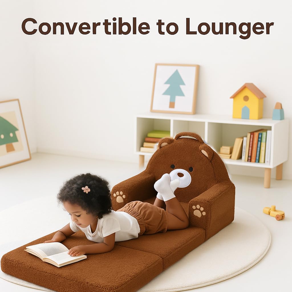 MoonBEEKI toddler couch opened as a comfy lounger for reading and cartoons.