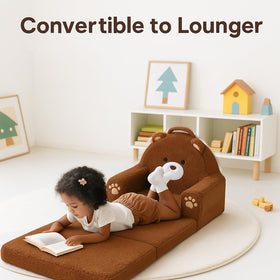 MoonBEEKI toddler couch opened as a comfy lounger for reading and cartoons.