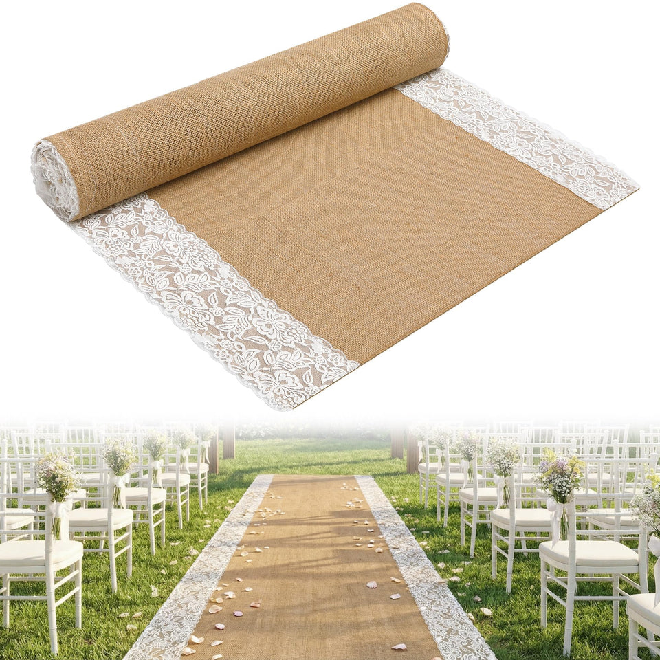 Moonoom natural burlap aisle runner with lace edge for rustic ceremony entrances.