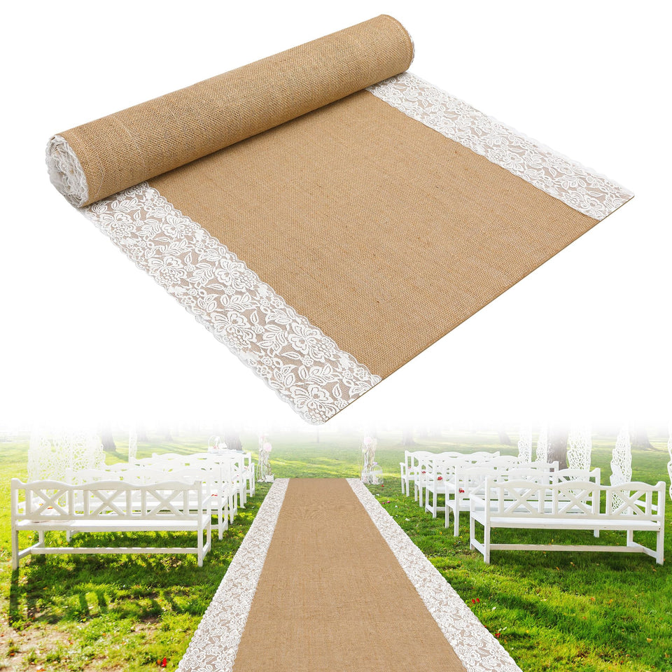 Moonoom burlap aisle runner 20ft 36in for a durable natural ceremony walkway.