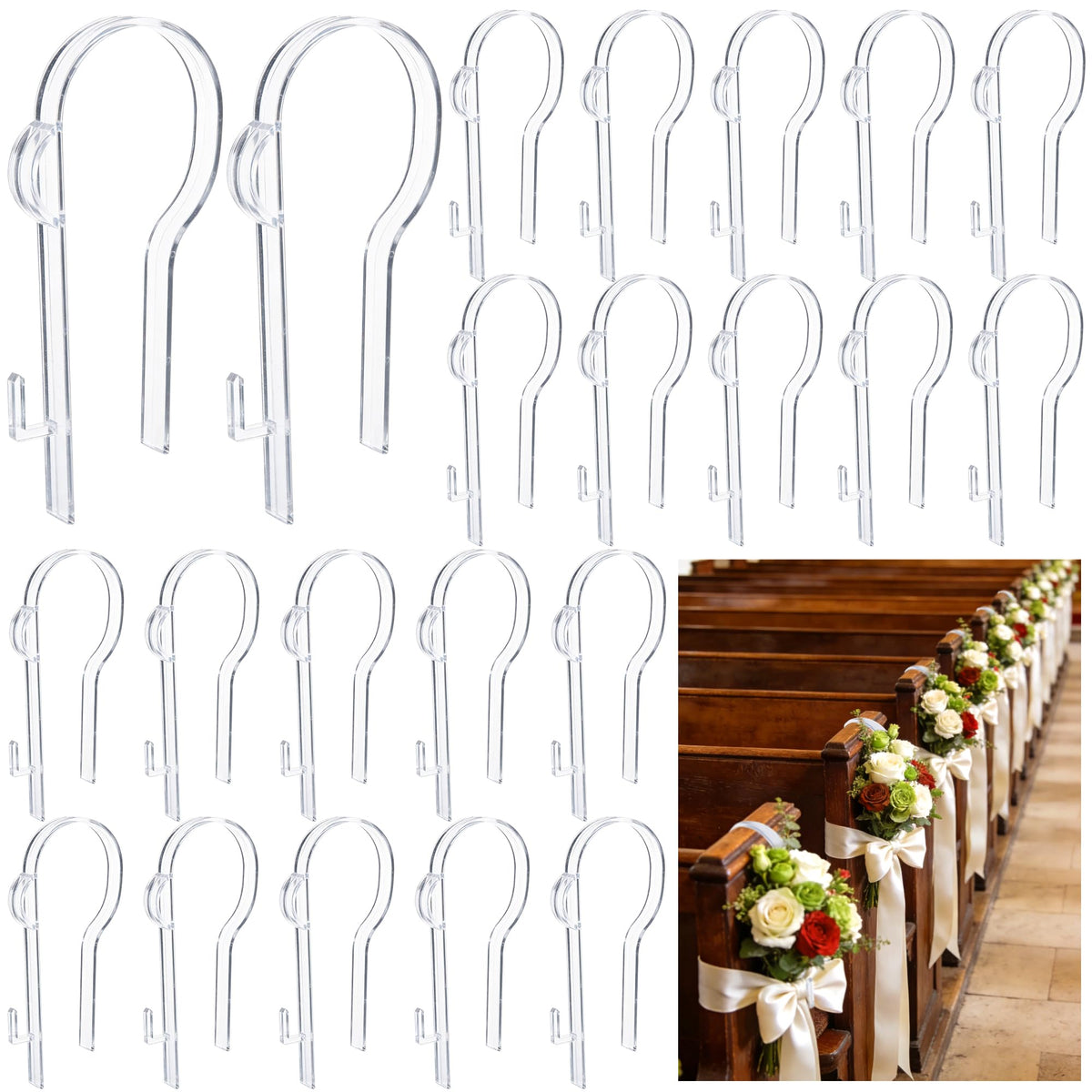 Moonoom pew clips in clear ABS hold decorations along church pews securely.
