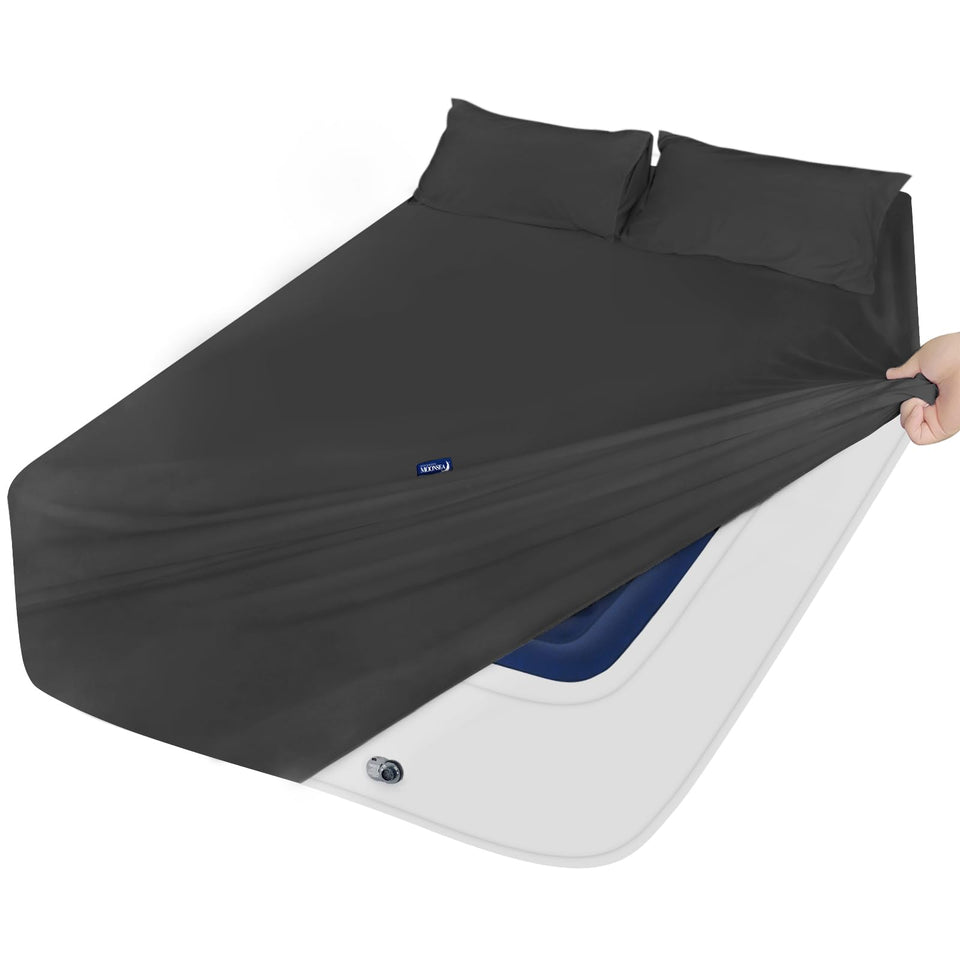 Moonsea extra-deep-pocket queen sheet set on an air mattress showing a secure fit.