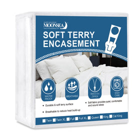 Moonsea full-size mattress protector with secure zipper on a bed