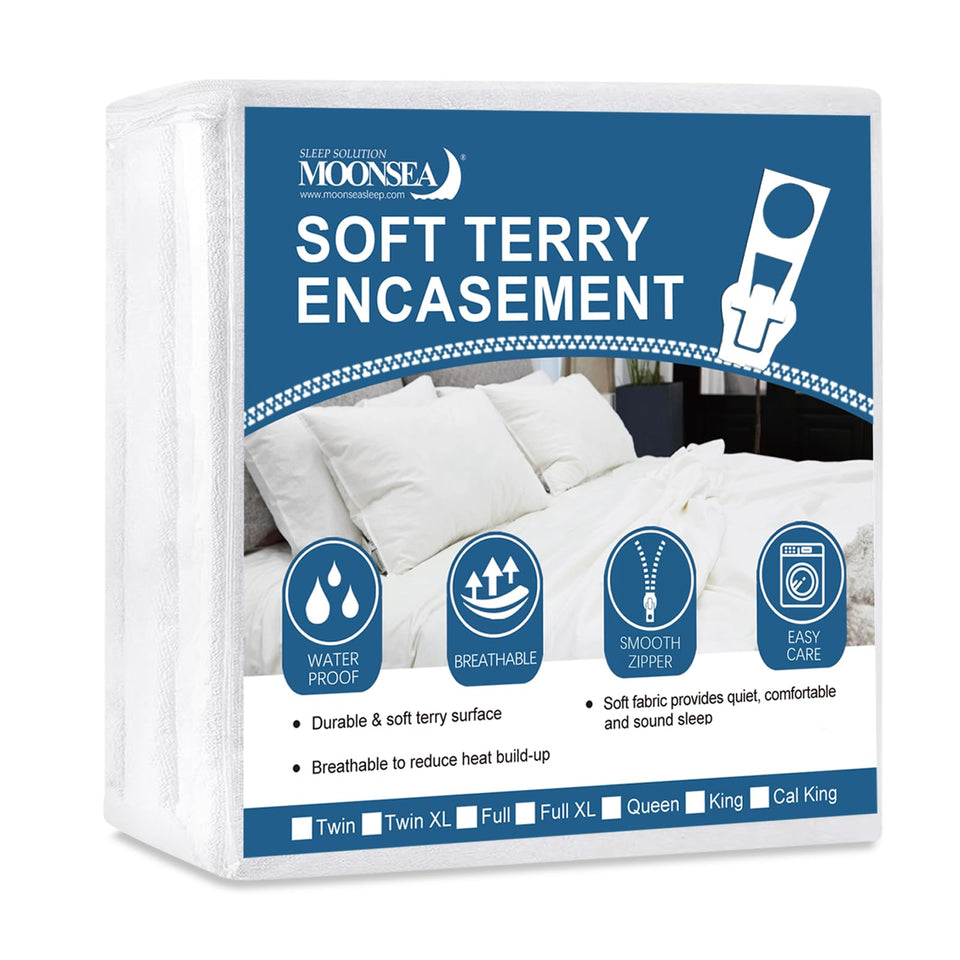 Moonsea full-size mattress protector with secure zipper on a bed