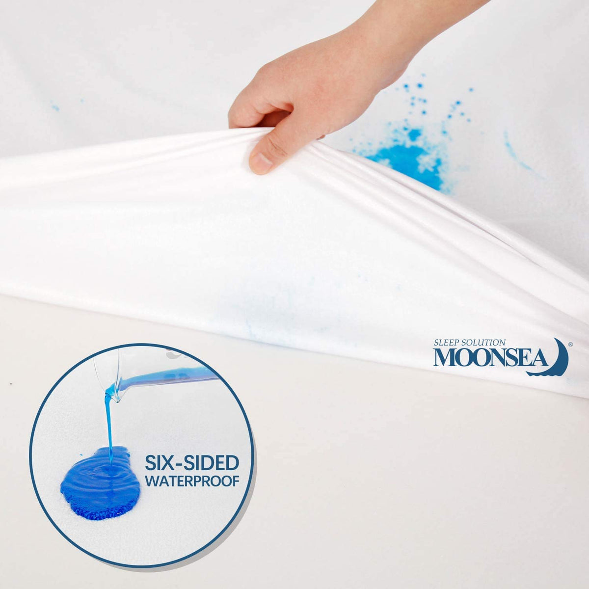 Moonsea King mattress protector sturdy stitching resists tearing.