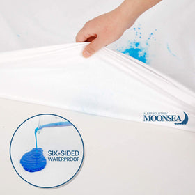 Moonsea King mattress protector sturdy stitching resists tearing.
