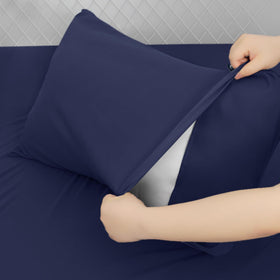 Moonsea navy microfiber fabric feels soft and durable throughout nightly use.