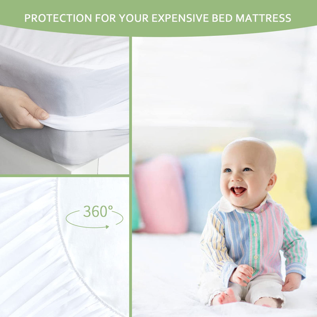 Moonsea protector on bed demonstrates full mattress coverage.
