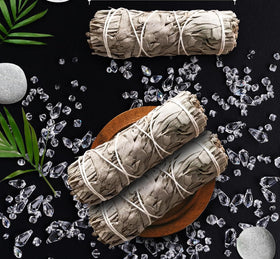 Moonwater Elixirs sage smudge with clear quartz crystals amplifies purification and energy.