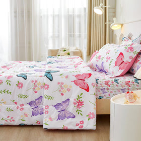 Mooreeke butterfly print with pink reverse enhances cheerful bedroom decor.