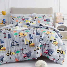 Mooreeke excavator grey comforter with construction print for kids' bed decor