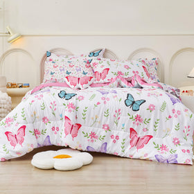 Mooreeke twin comforter set with butterfly flower print adds playful style to kids' room.