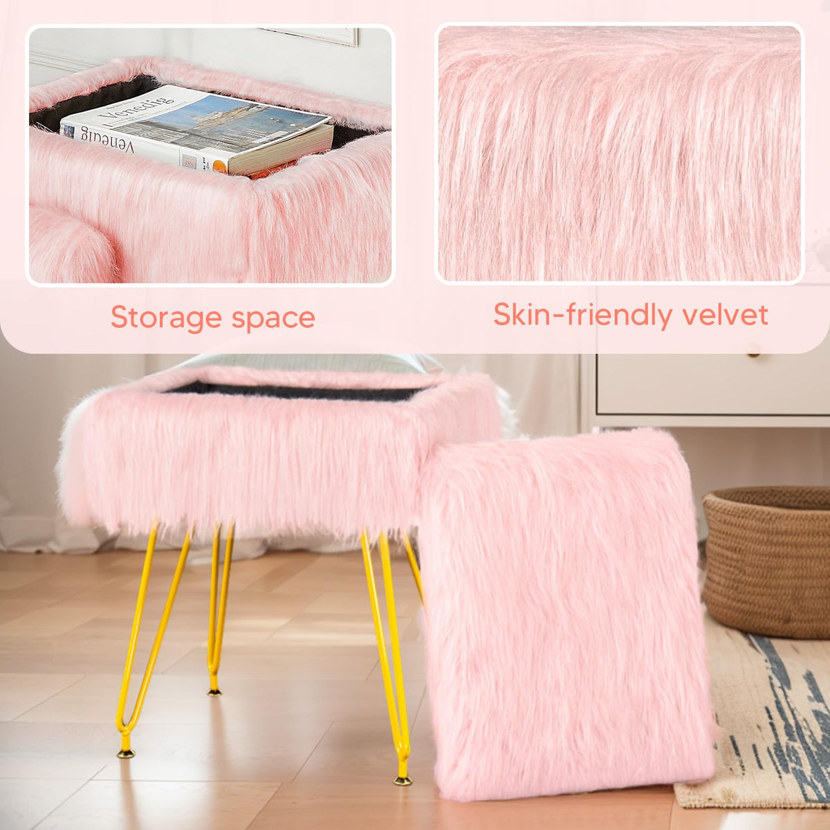MOOWIND vanity stool with wooden tabletop serving as a small side table.