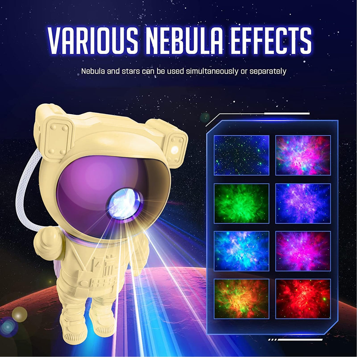 Mooyran astronaut galaxy projector creates twinkling star fields for ambient room glow.