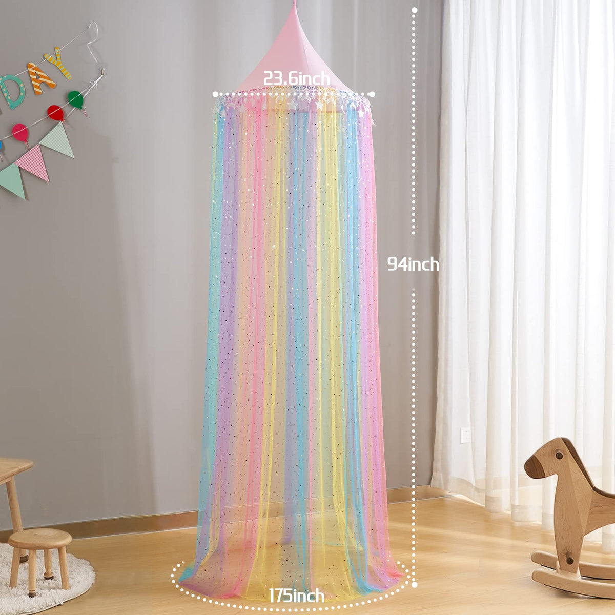 MOOZHEALTH Rainbow Bed Canopy made of polyester fabric keeps the top dust-free.