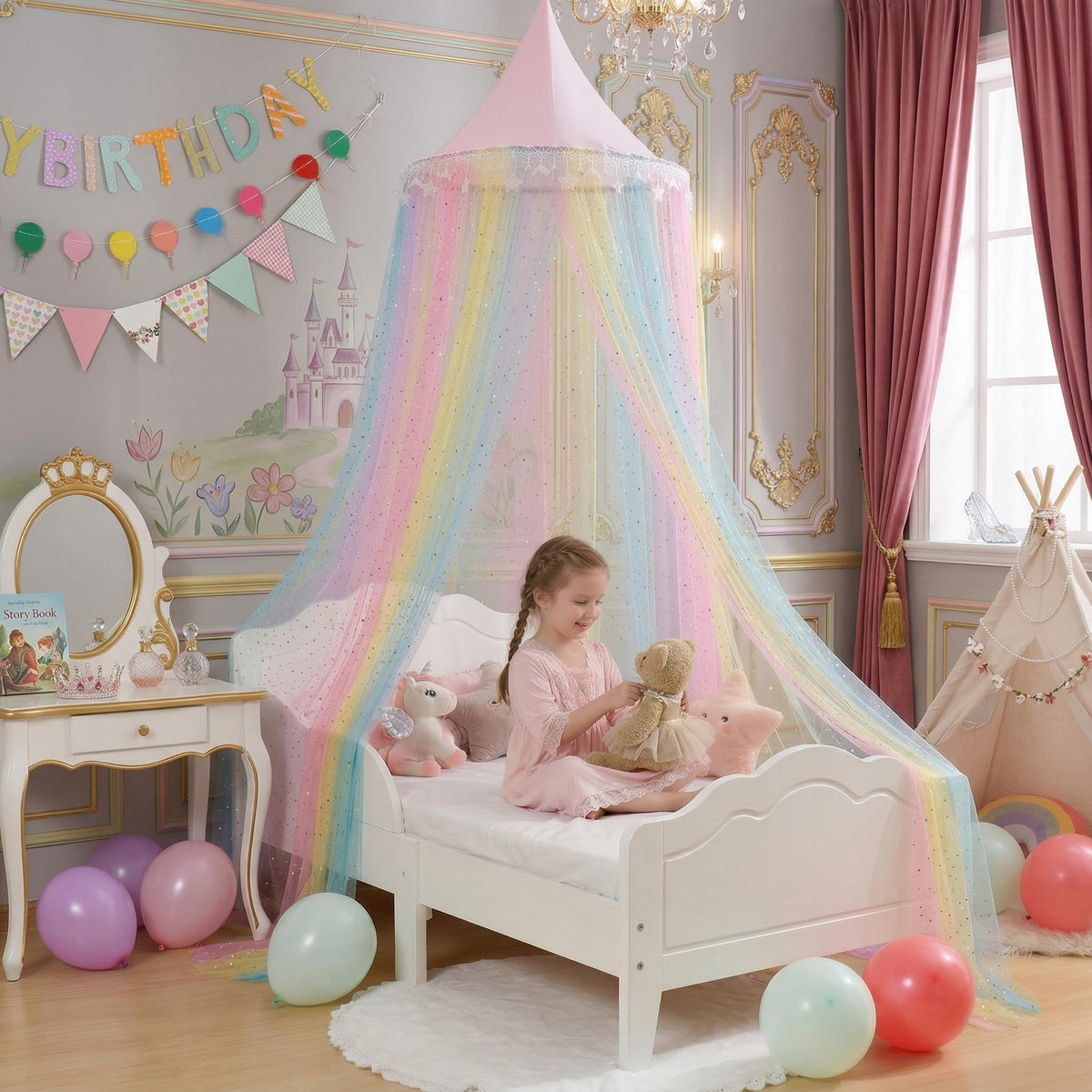 MOOZHEALTH Rainbow Bed Canopy installation kit simplifies setup for quick decorating.