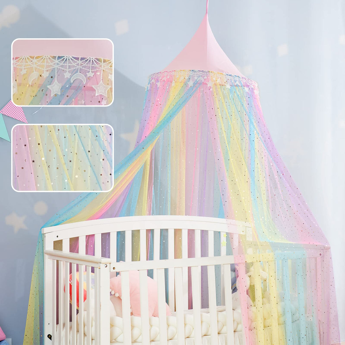 MOOZHEALTH Rainbow Bed Canopy fits single to queen beds with a stylish touch.