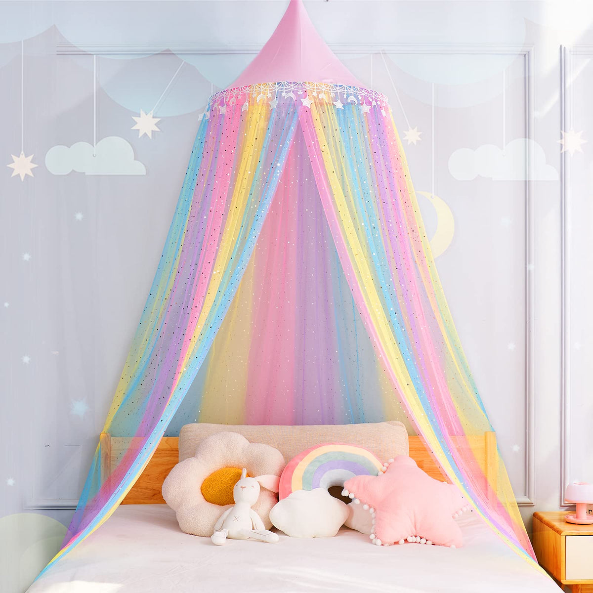 MOOZHEALTH Rainbow Bed Canopy over a bed creates a magical princess space for play.