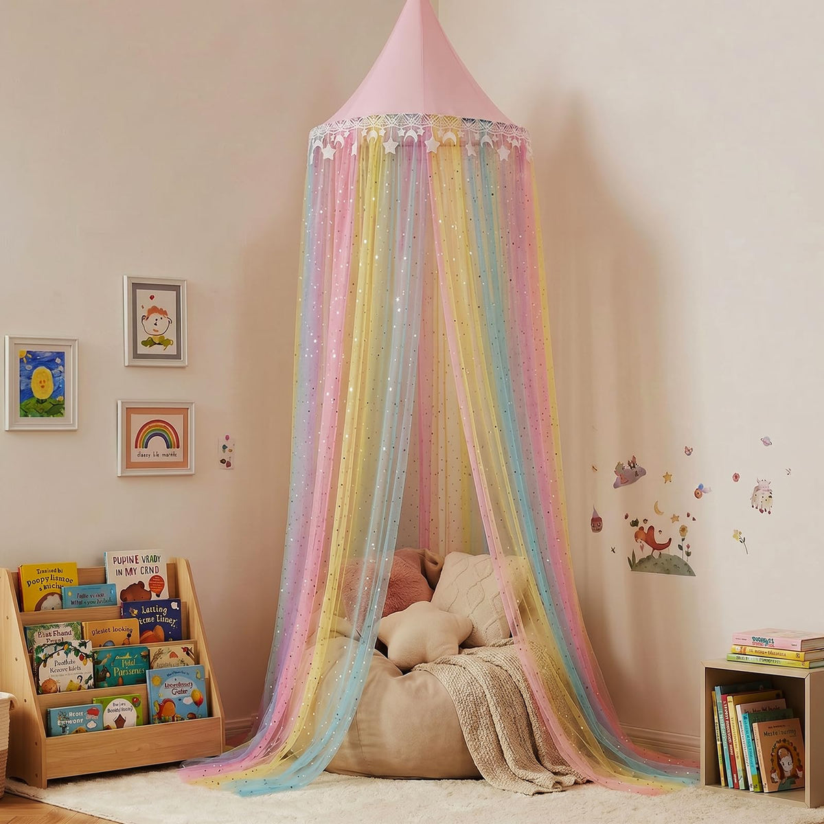MOOZHEALTH Rainbow Bed Canopy star moon glitter embroidery adds sparkle to the room.