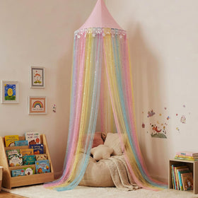 MOOZHEALTH Rainbow Bed Canopy star moon glitter embroidery adds sparkle to the room.