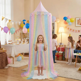 MOOZHEALTH Rainbow Bed Canopy versatile use as bed tent and party backdrop.