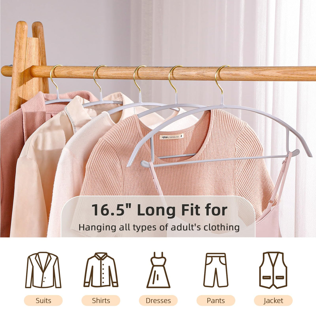 MOPALL slim-profile hanger saves closet space on standard rods.