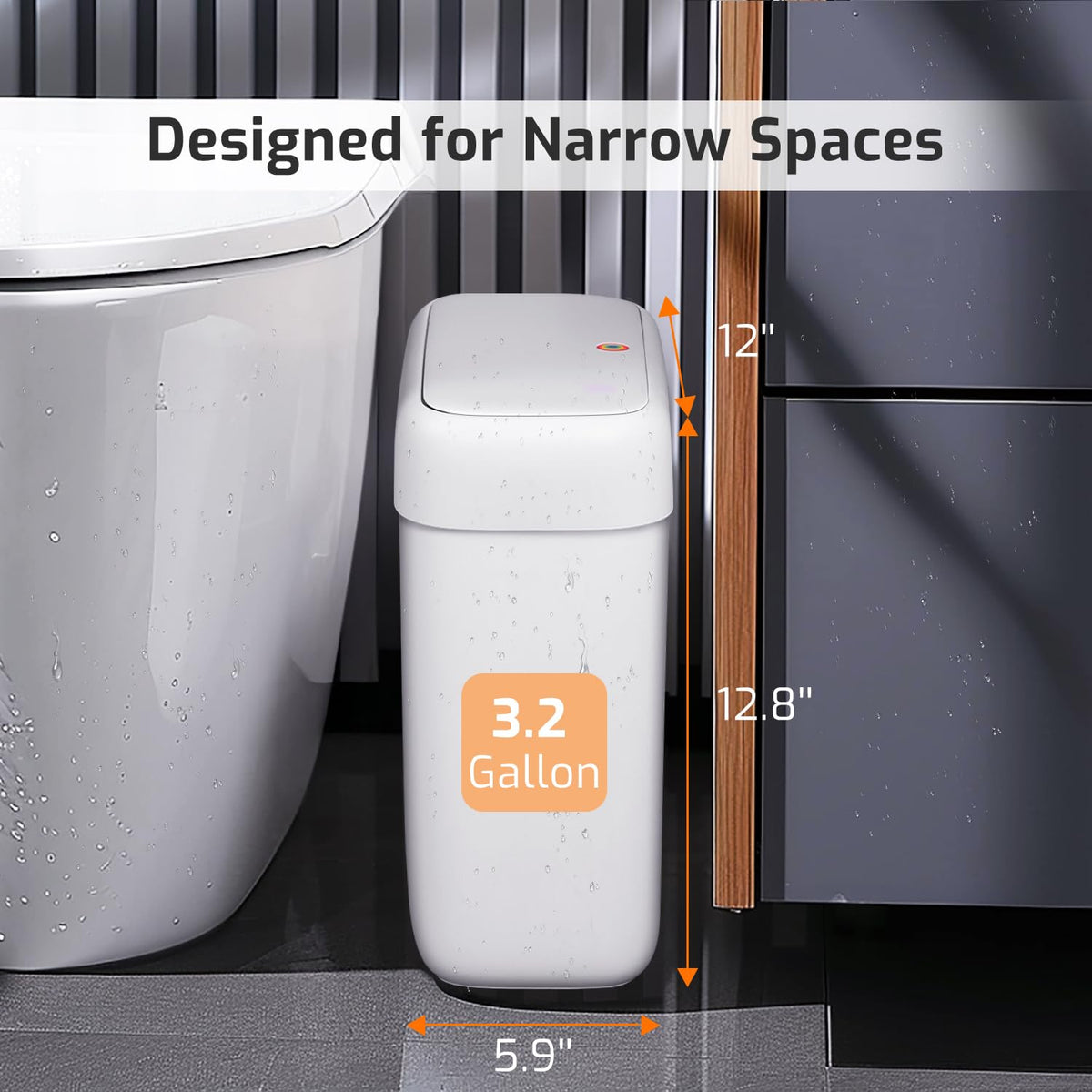 MOPALL slim trash bin fits between vanity and toilet for compact storage.