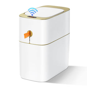 MOPALL touchless trash can front view in white and gold, stylish and hygienic.