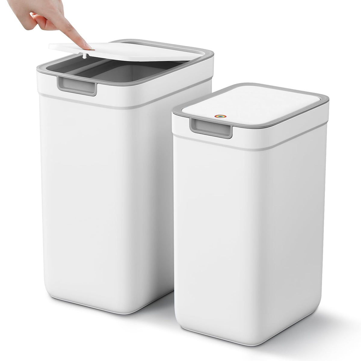 MOPALL two-pack bathroom trash cans with lids in a tidy setup