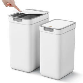 MOPALL two-pack bathroom trash cans with lids in a tidy setup