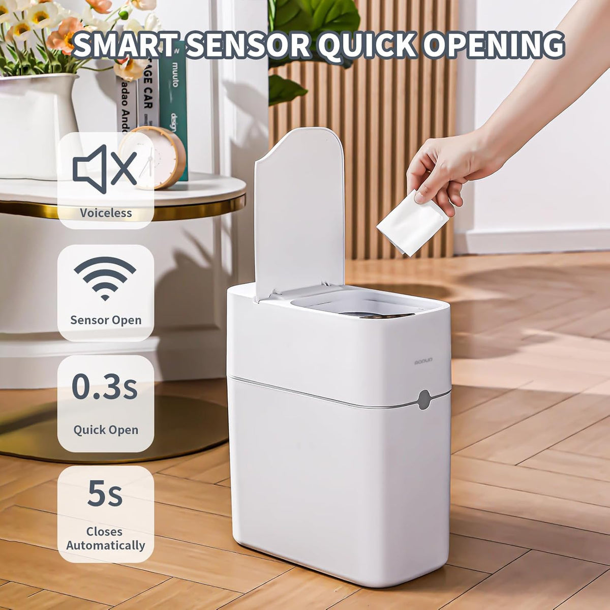 MOPUP auto-bagging trash can uses bag attachment for space savings.