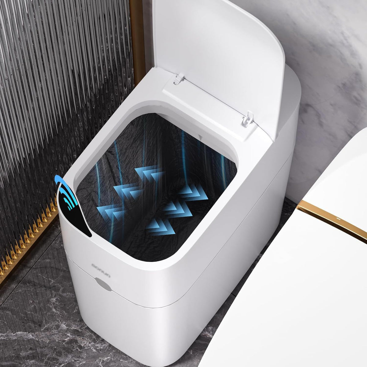 MOPUP bathroom trash can with automatic sensor lid for hands-free use.