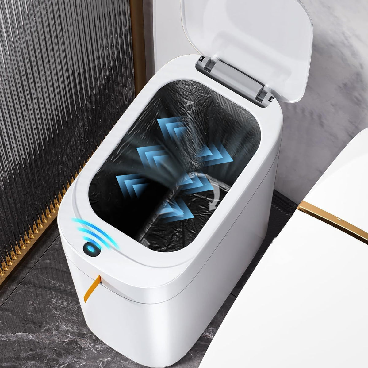 MOPUP bathroom trash can with sensor lid opens quickly for hands-free waste disposal