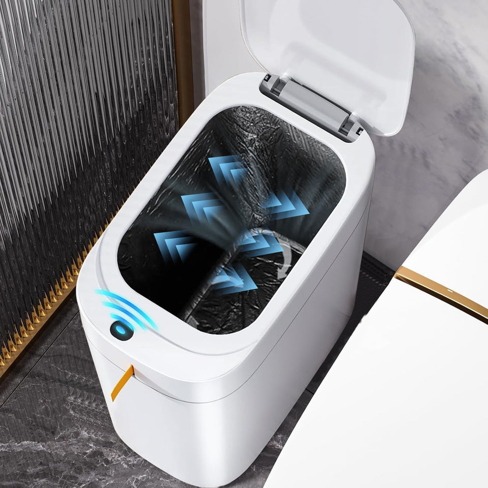 MOPUP bathroom trash can with sensor lid opens quickly for hands-free waste disposal