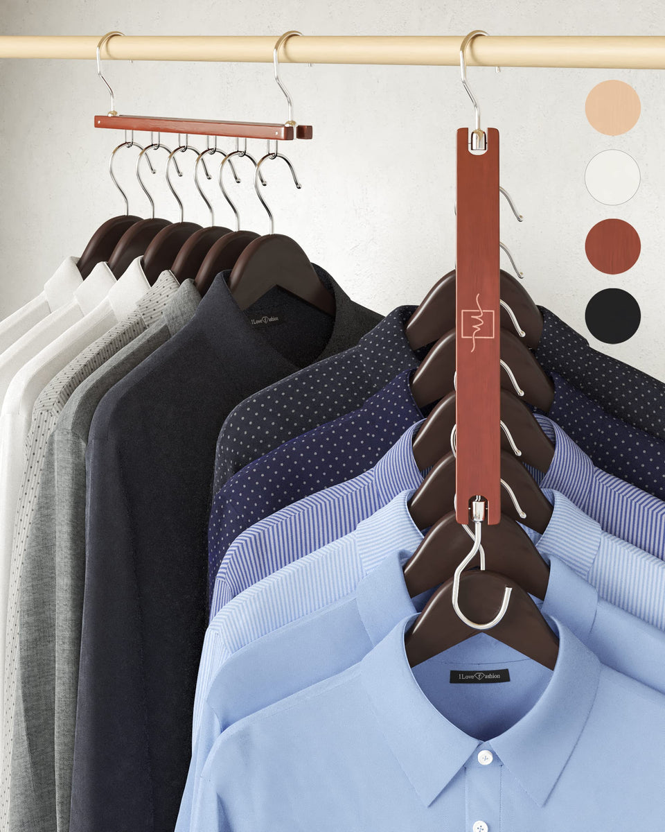 MORALVE 4-pack space-saving wooden hangers maximizing closet space.