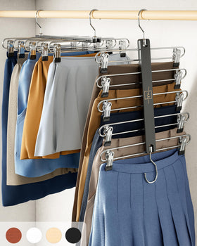 MORALVE 5-tier beechwood skirt hangers with clips and 360° swivel for secure, organized storage.