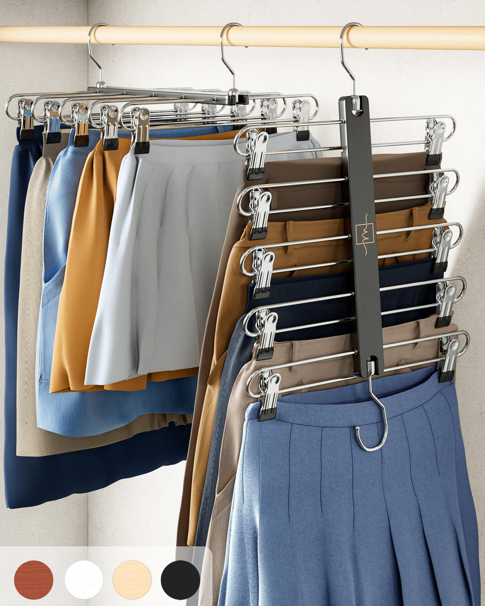 MORALVE 5-tier beechwood skirt hangers with clips and 360° swivel for secure, organized storage.