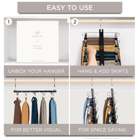 MORALVE skirt hangers with clips support up to 30 lbs securely.