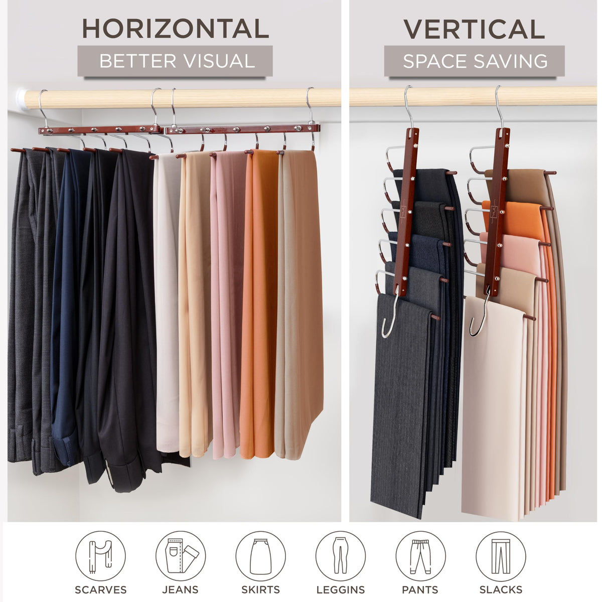 MORALVE multi-function hangers organize scarves, pants, and leggings.