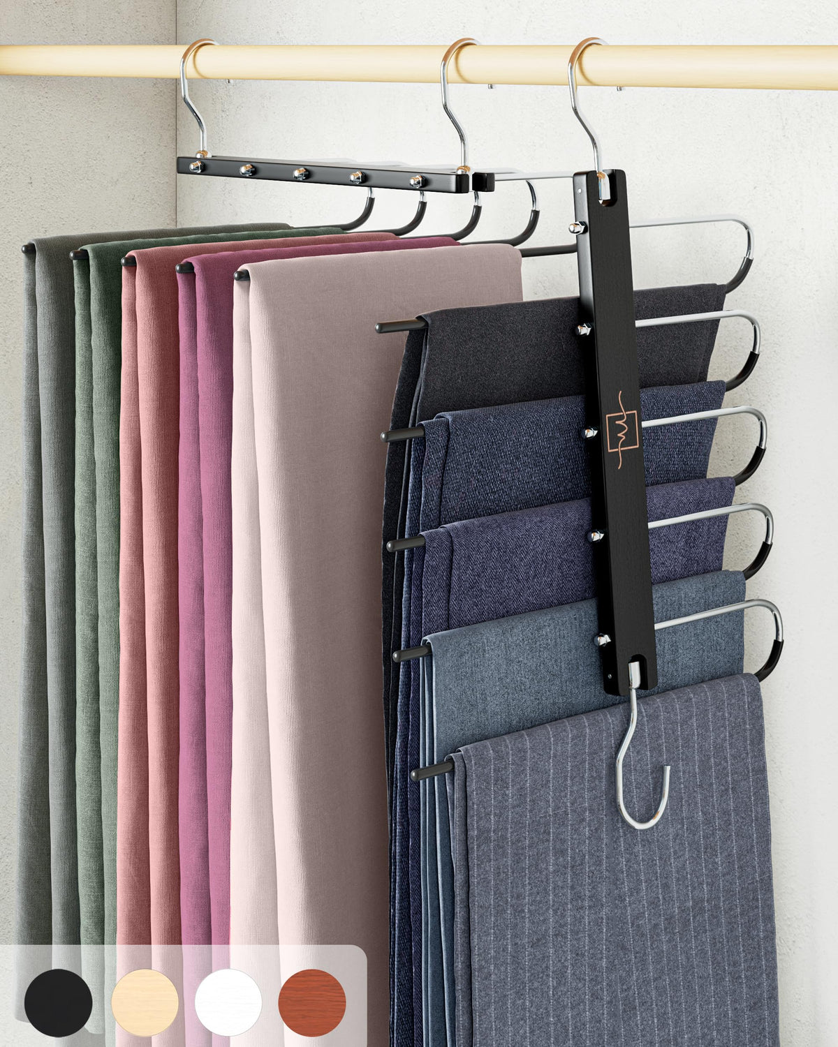 MORALVE pants hangers 2-pack in beechwood with 360° swivel for space saving.