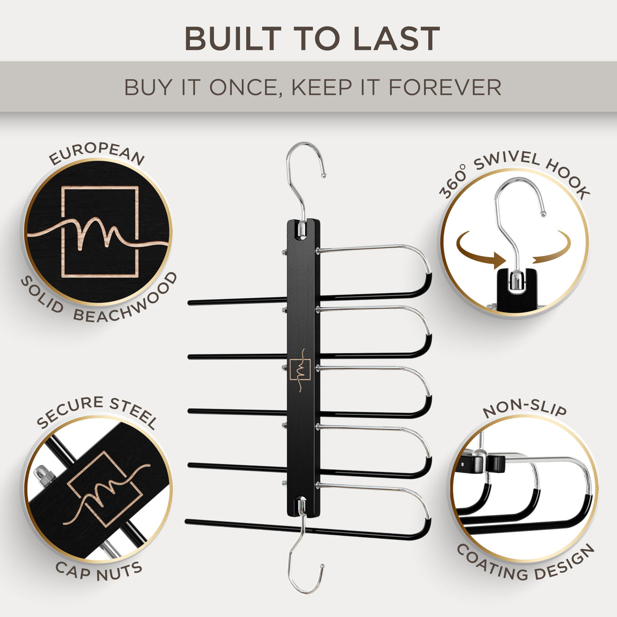 MORALVE pants hangers with 360 swivel hook for easy loading.