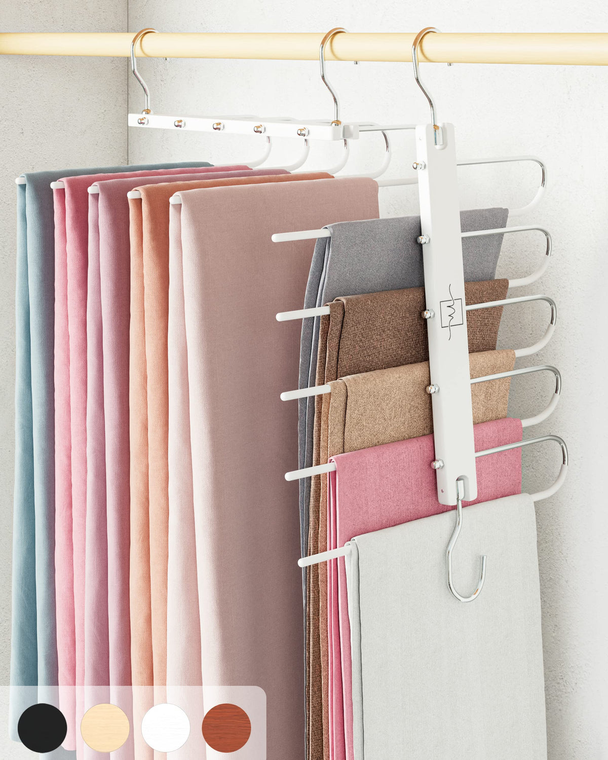 MORALVE pants hangers with a 360° swivel for easy loading and access