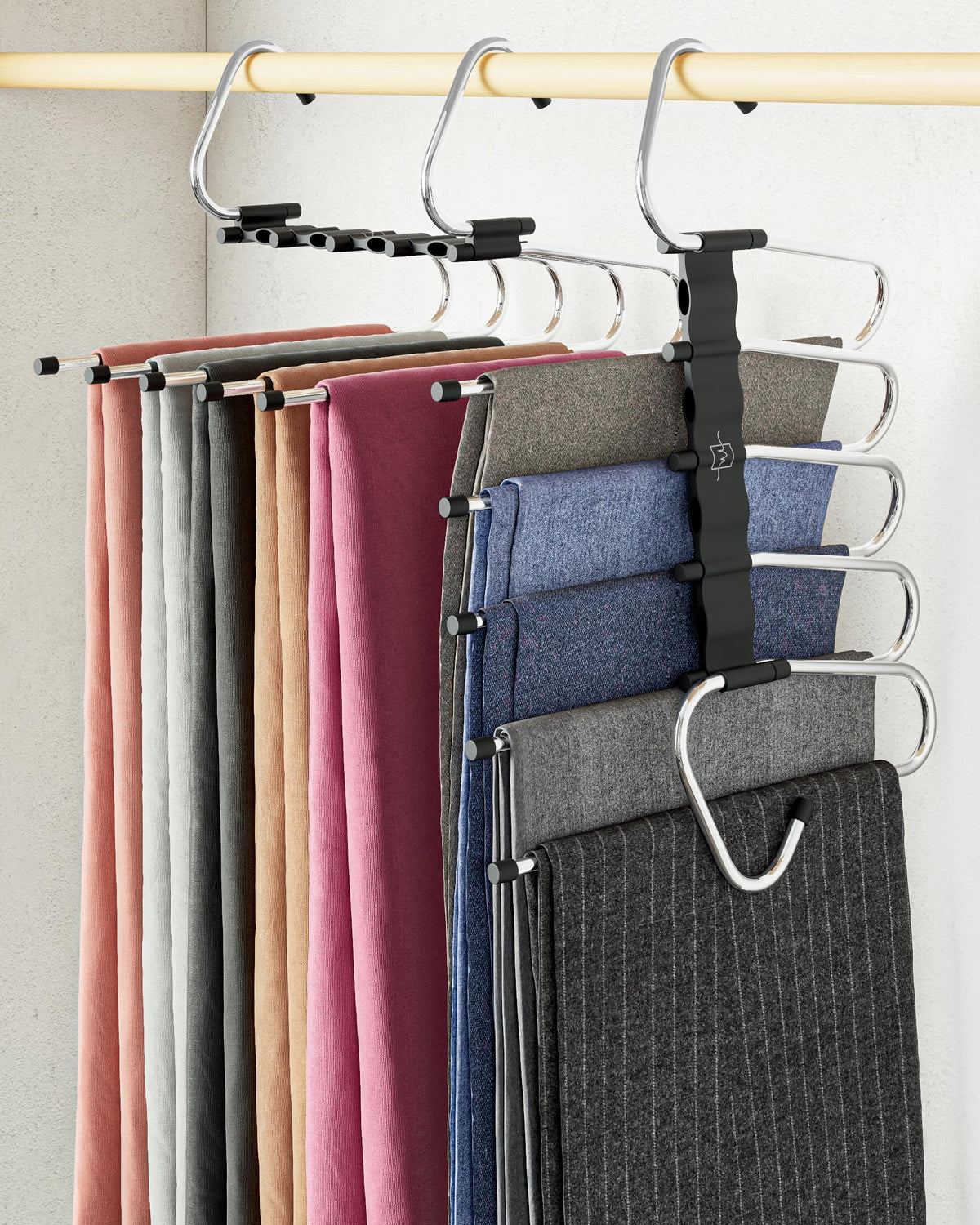 MORALVE pants hangers with a 5-tier design for compact closet organization.