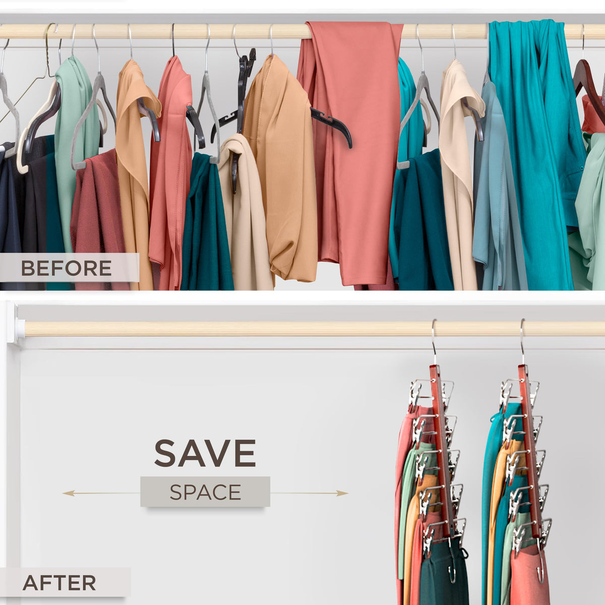 MORALVE space-saving hangers for skirts and pants help maximize closet space.