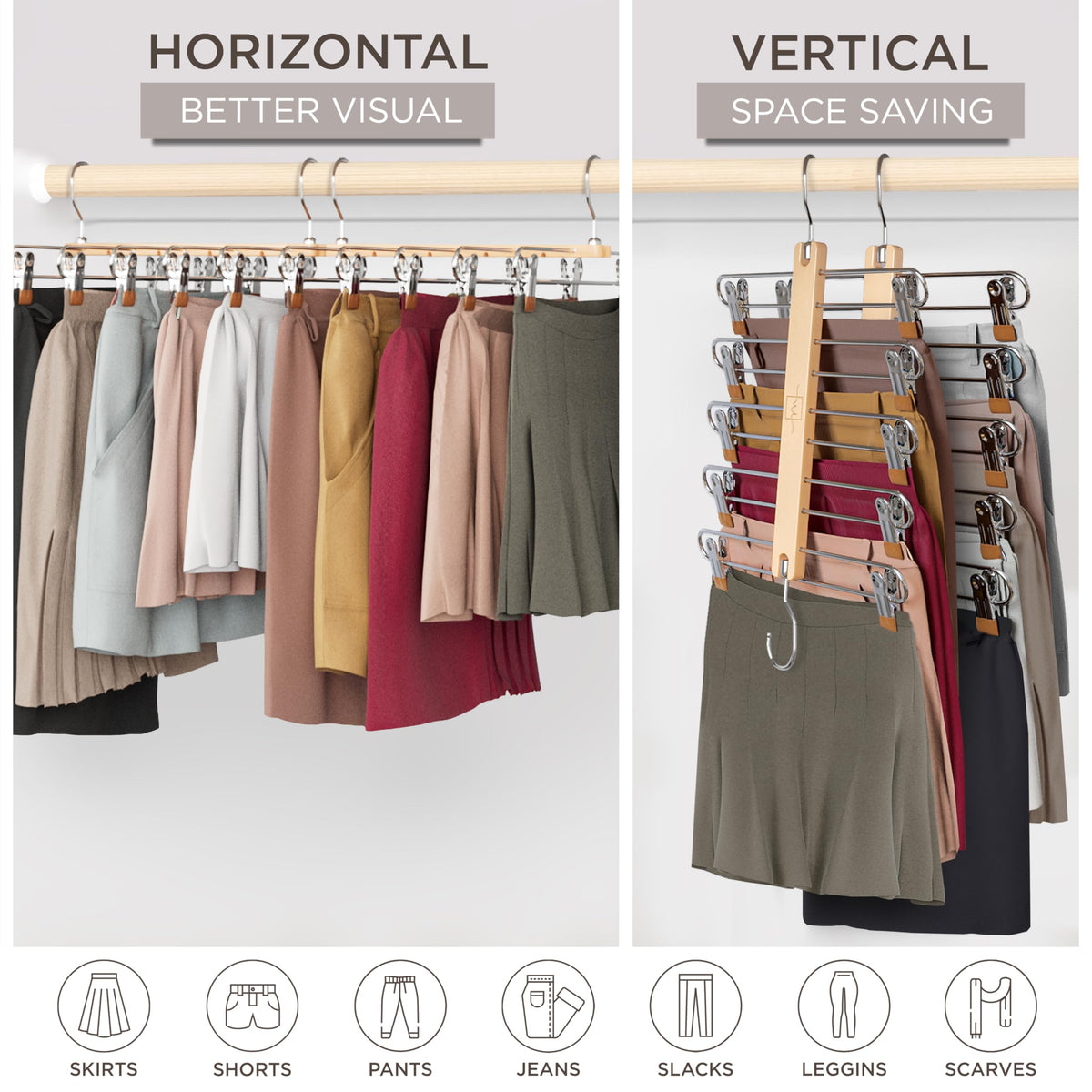 MORALVE vertical and horizontal hanging modes maximize closet space