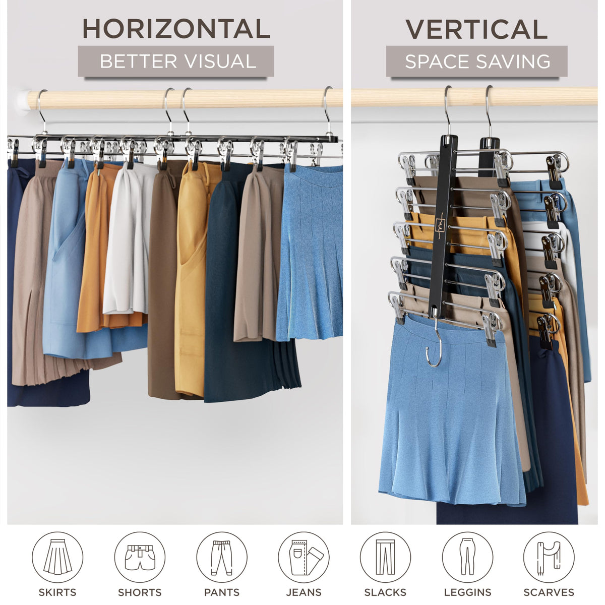 MORALVE space-saving hangers optimize closet layout with vertical and horizontal hanging modes.