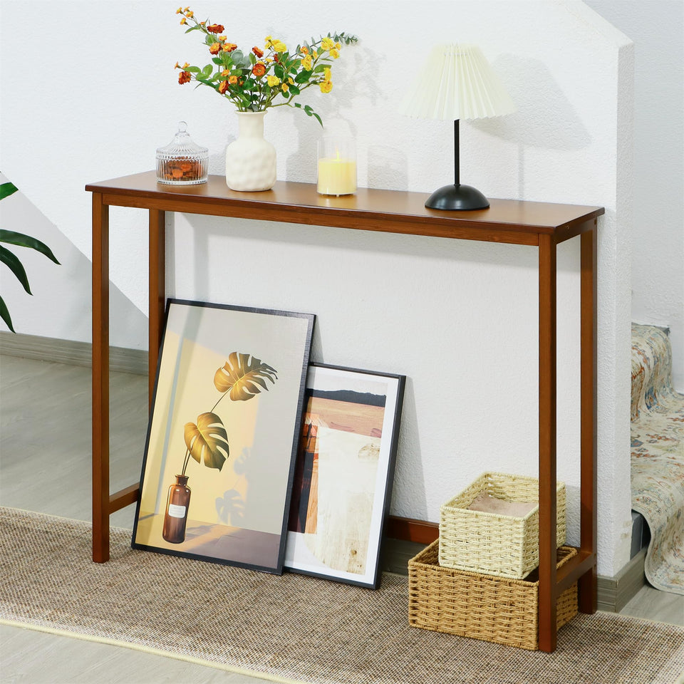 Mordchil HF bamboo narrow console table top view highlights space-saving design