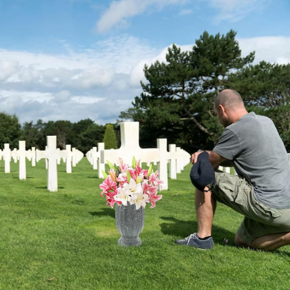 Moriahan outdoor grave decoration stays upright in wind and rain.
