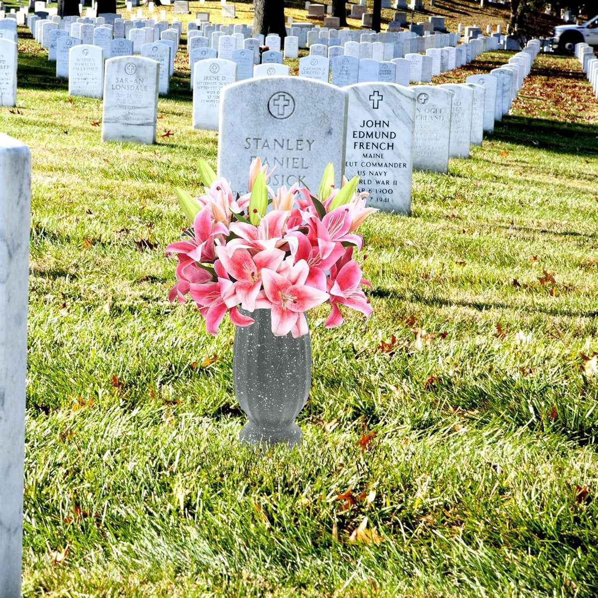 Moriahan weather-resistant headstone vase keeps flowers neatly upright.